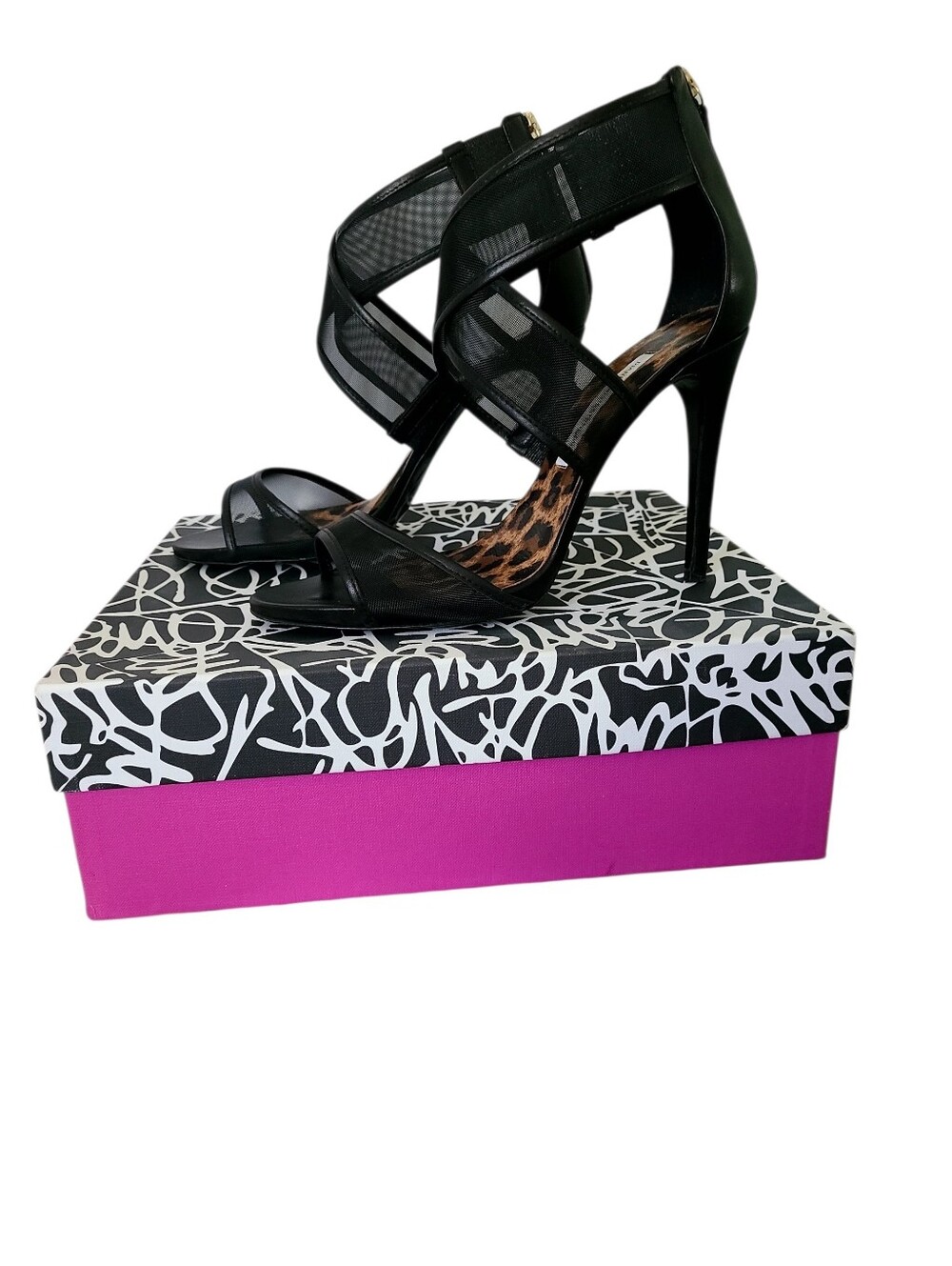 Diane von Furstenberg "Jules" Black Napa   & Mesh 4.5" Heels Sandals - Picture 6 of 6